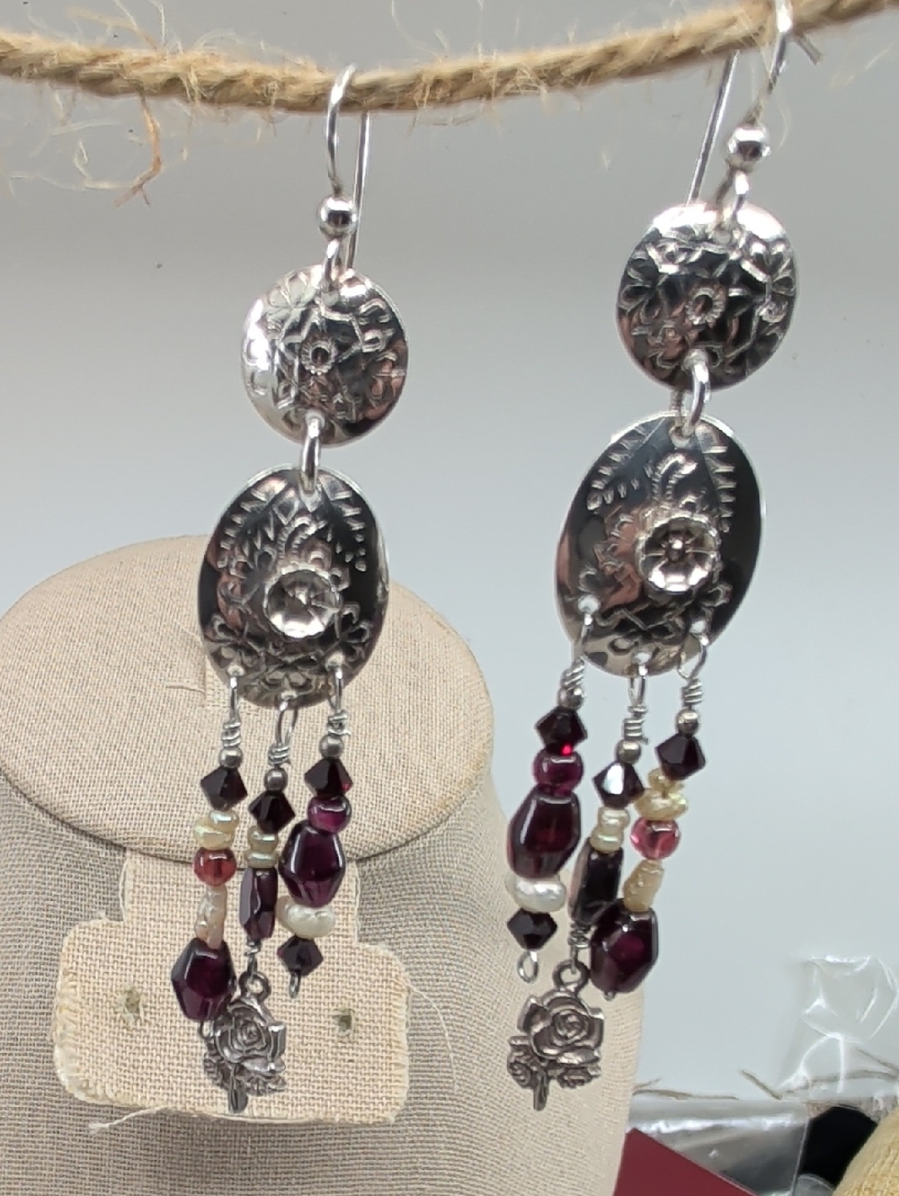 Vintage 925 Sterling Silver Floral Repoussé Chandelier Earrings 3" - Picture 3 of 17
